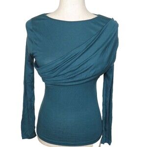 OGL LiteWarm Tencel Wool Knit Gathered Semi Sheer Long Sleeve Brami Top Blue M